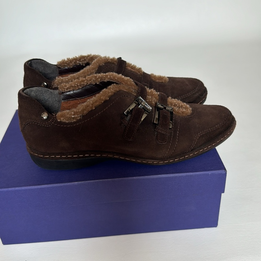 Stuart Weitzman Shoes 7.5 M Sherpa Trimmed Slip On  Brown Suede buckles - Picture 4 of 8
